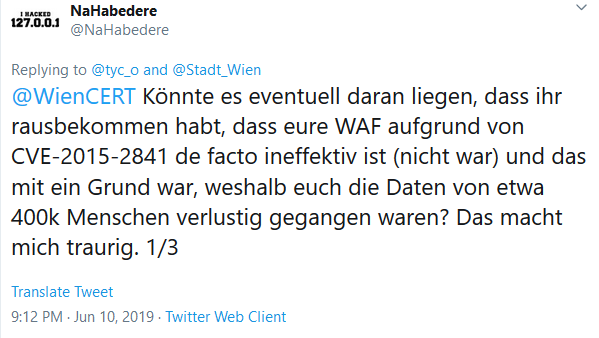 Tweet von @NaHabedere an @WienCERT