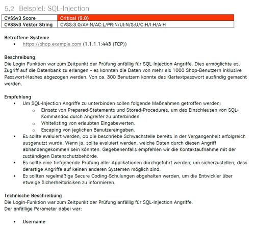 Exemplarisches Ergebnis einer Sicherheitslücke in unserem Bericht inklusive CVSS-Bewertung