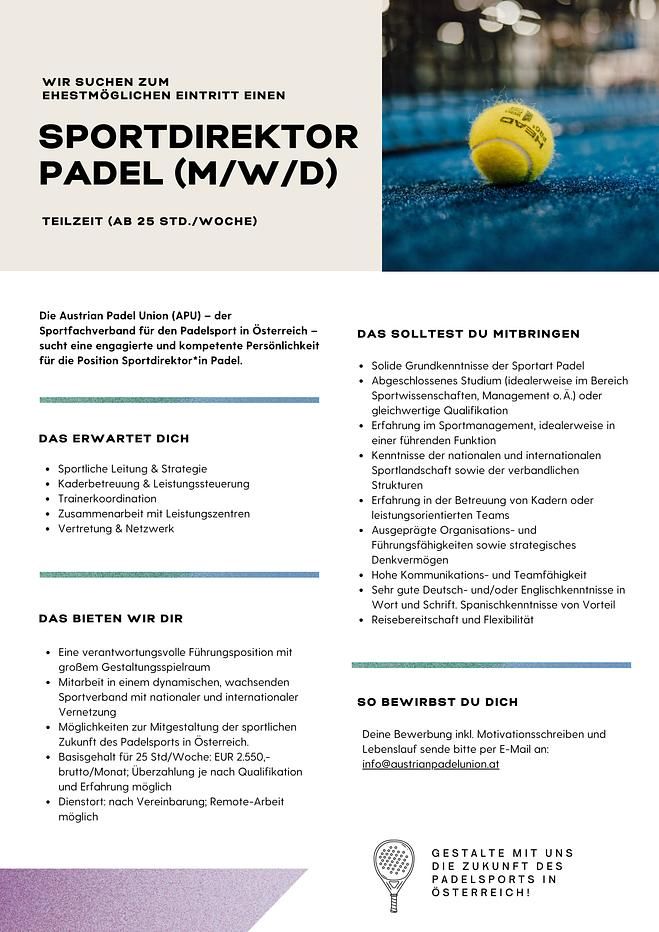 Stellenausschreibung Sportdirektor*in Padel - Teilzeit (ab 25 Stunden)